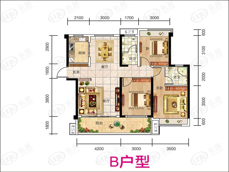 b户型,三室两厅两卫,建筑面积约120-124平方米