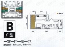 星舍在售B户型  一室一厅一厨一卫 100%弹性空间 客厅卧室一体 独立厨房 私密卫生间户型图